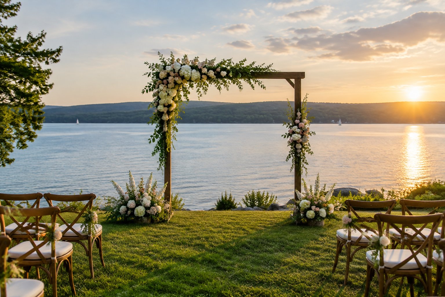 A wedding ceremony setup on a green lawn beside a calm lake.
