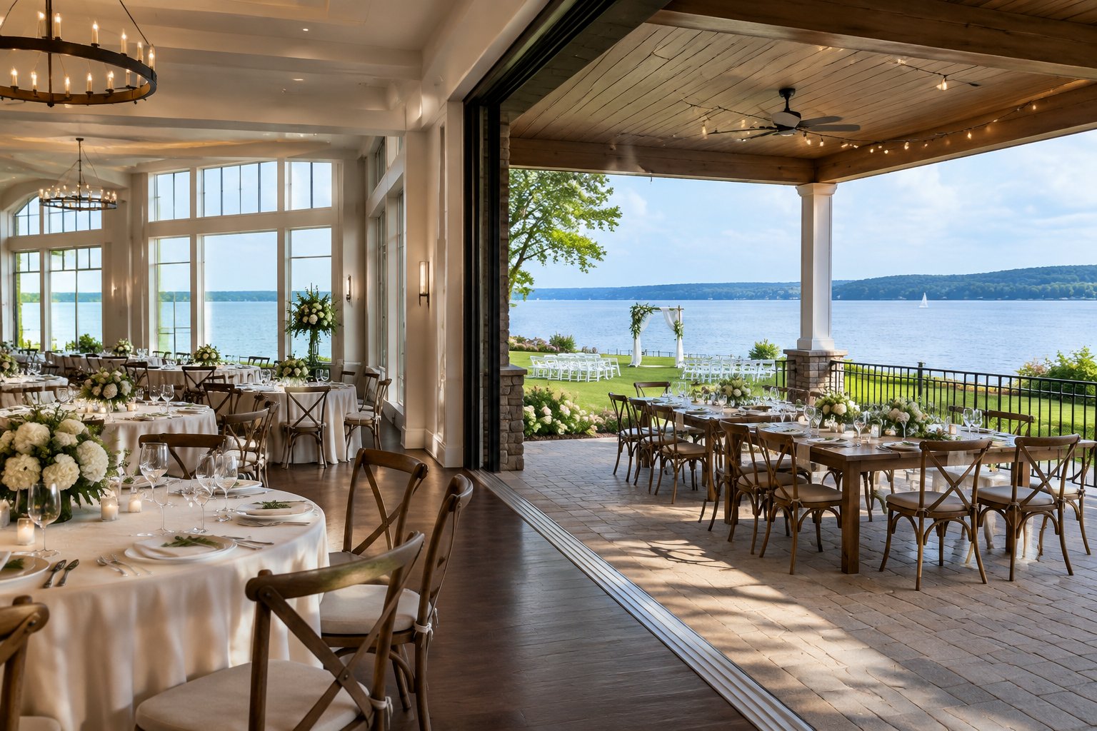A wedding reception setup beside a lake, with an indoor venue and an outdoor terrace.