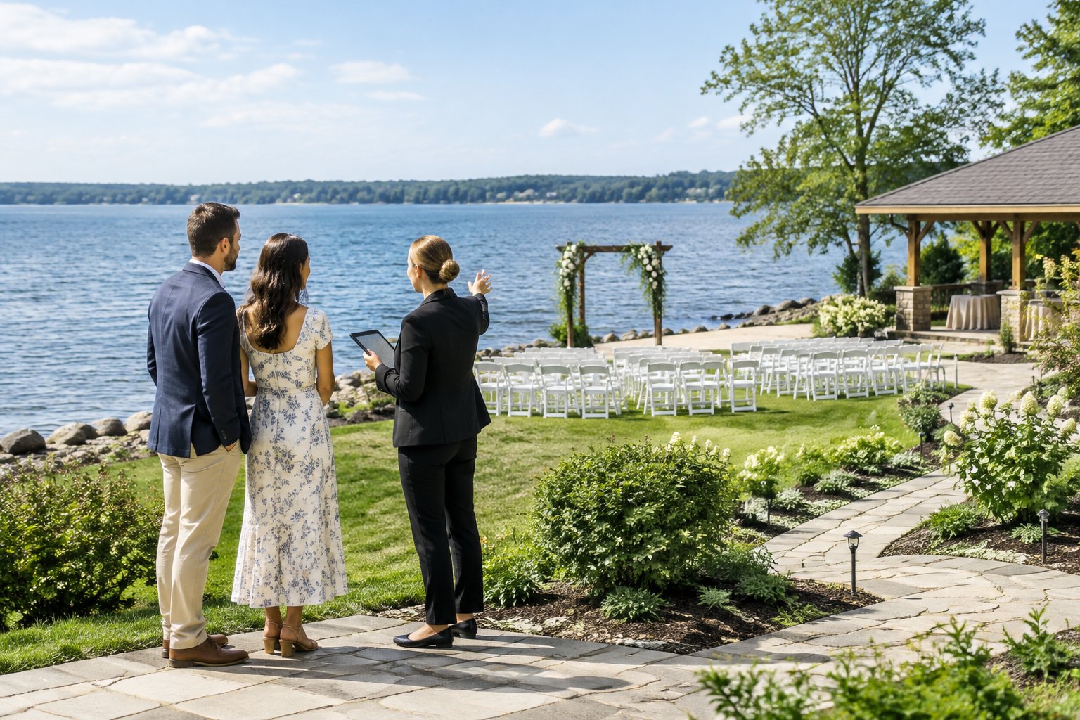 An engaged couple and venue coordinator inspect a lakeside wedding site.