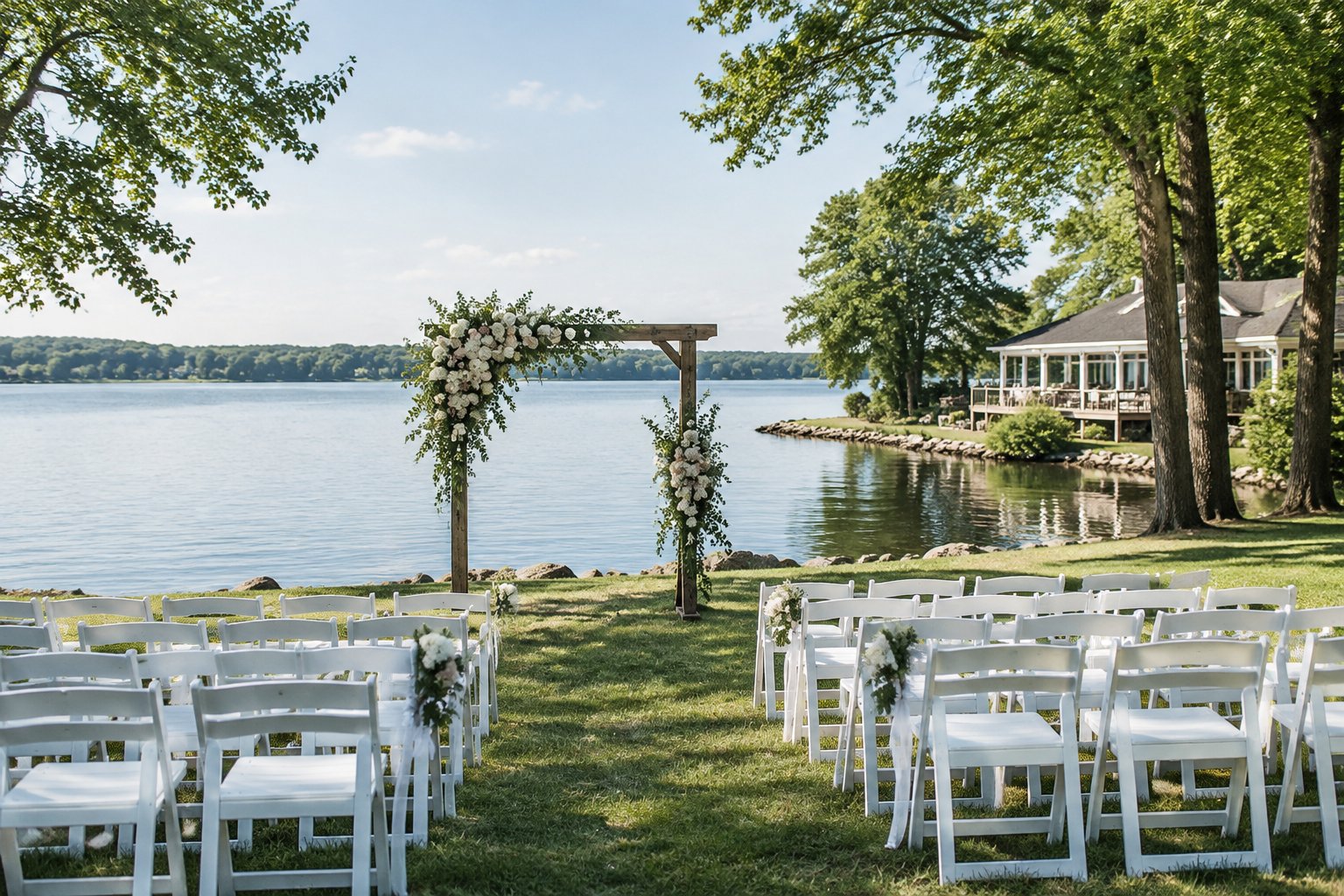 A lakeside wedding ceremony setup with chairs, flowers, and a tree-lined shore.