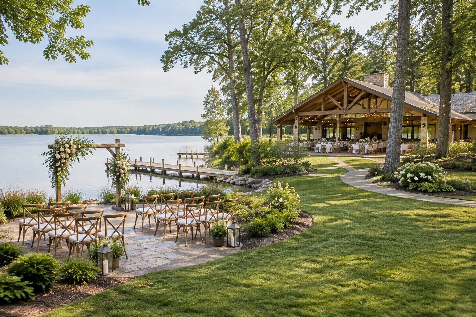 A lakeside wedding property with an intimate ceremony area and a larger reception pavilion.