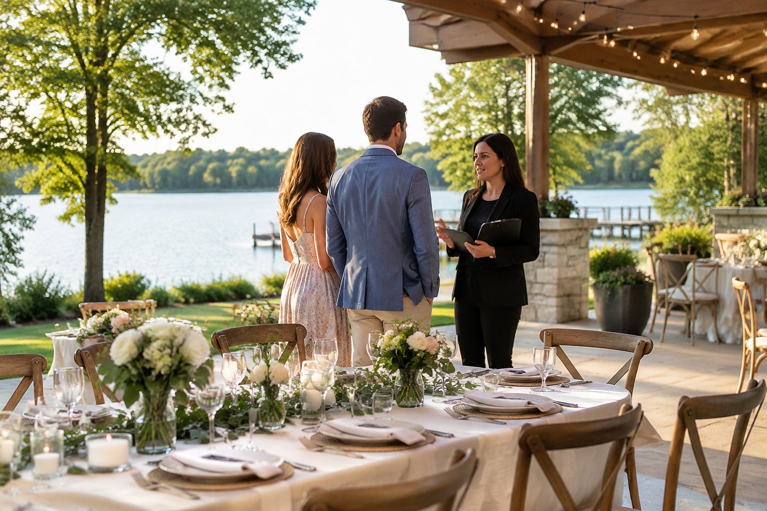 A couple discusses wedding plans with a coordinator beside a reception table overlooking a lake.