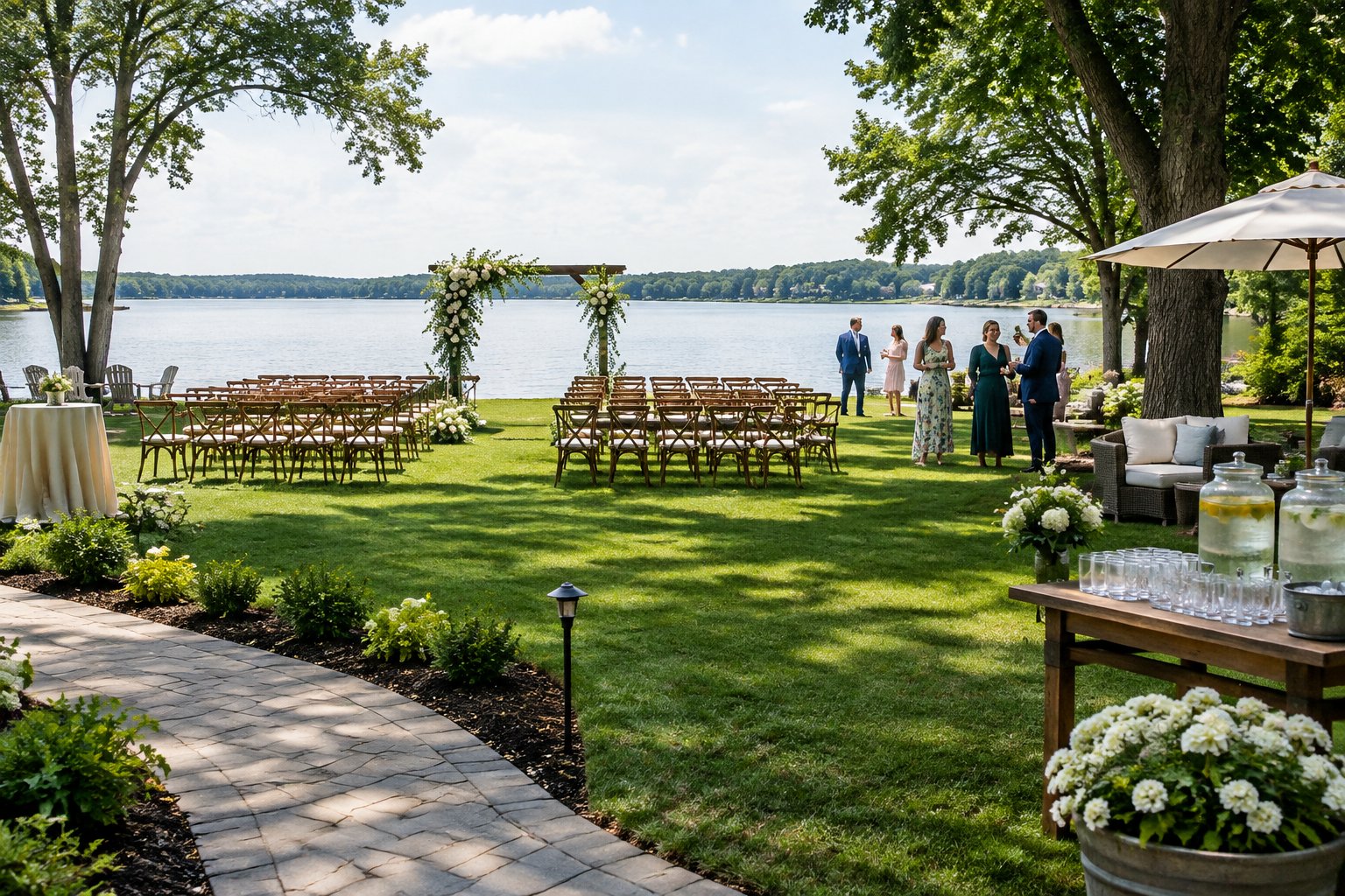 Guests gather at a lakeside wedding ceremony beside a floral arch.