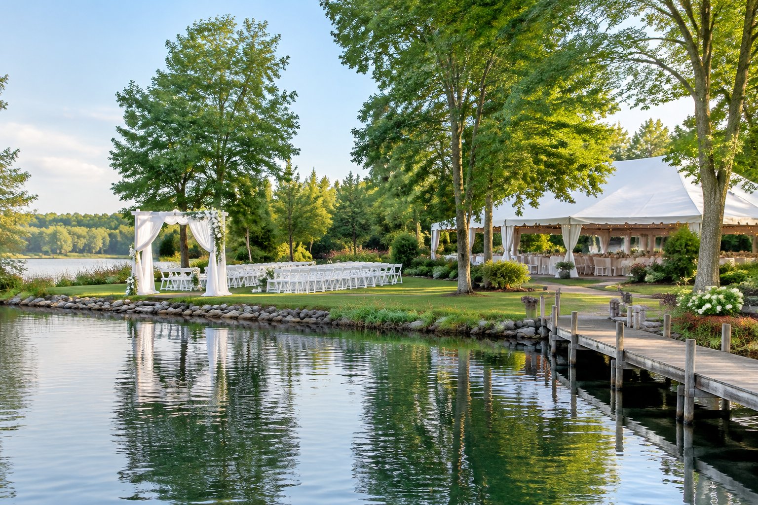 A wedding reception setup beside a lake, with chairs, a white arbor, and a wooden dock.