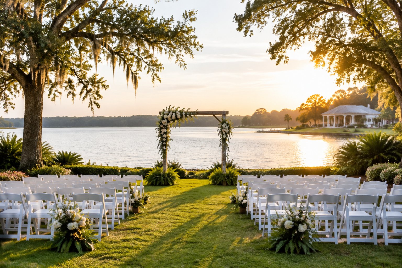 A wedding ceremony setup on a lawn beside a lake.