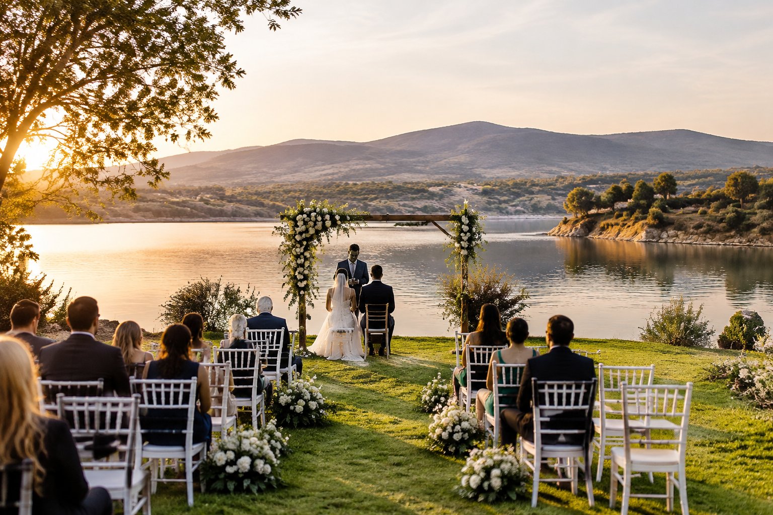 A wedding ceremony set beside a calm lake with guests seated near the shoreline.