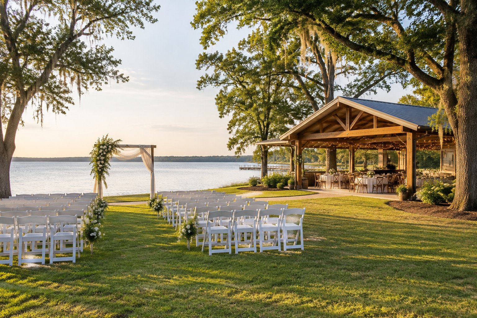 A lakeside wedding ceremony setup beside a reception pavilion.