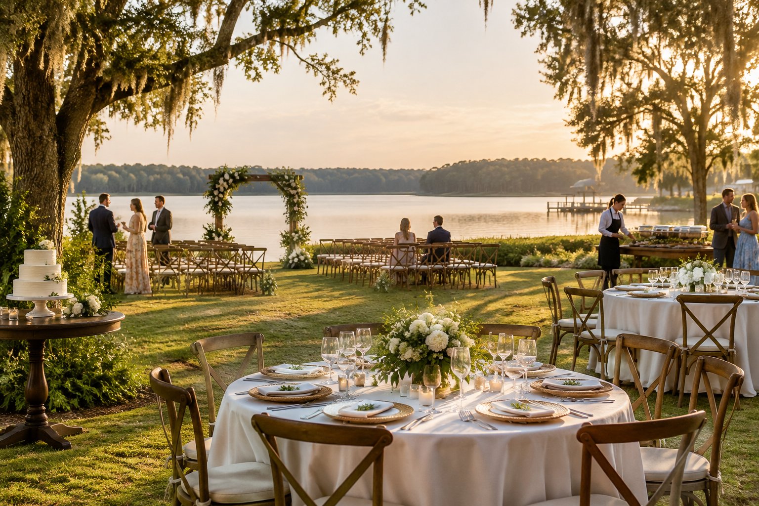 A wedding reception set beside a lake with decorated tables and ceremony chairs.