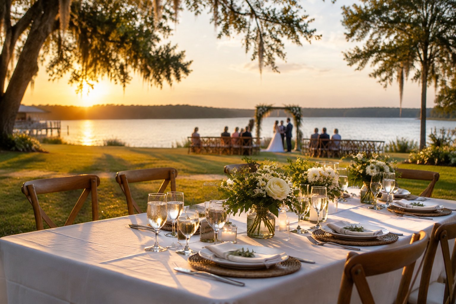 A decorated wedding reception beside a lake.