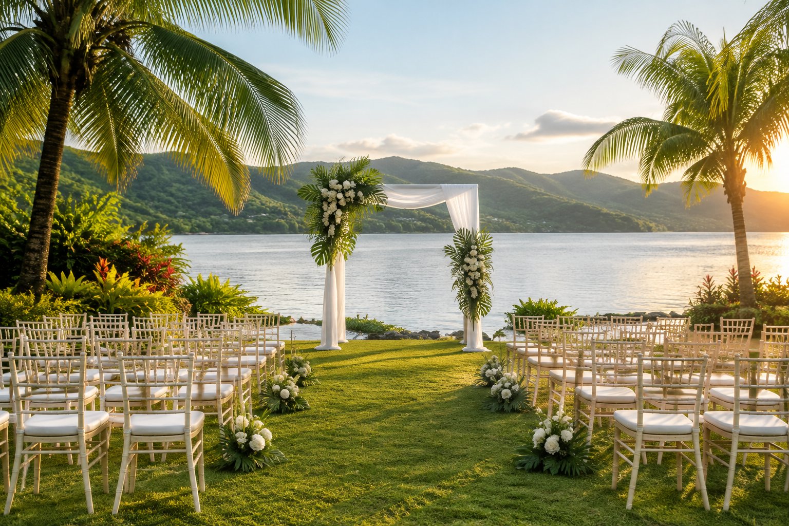 A wedding ceremony setup beside a lake surrounded by tropical greenery and hills.