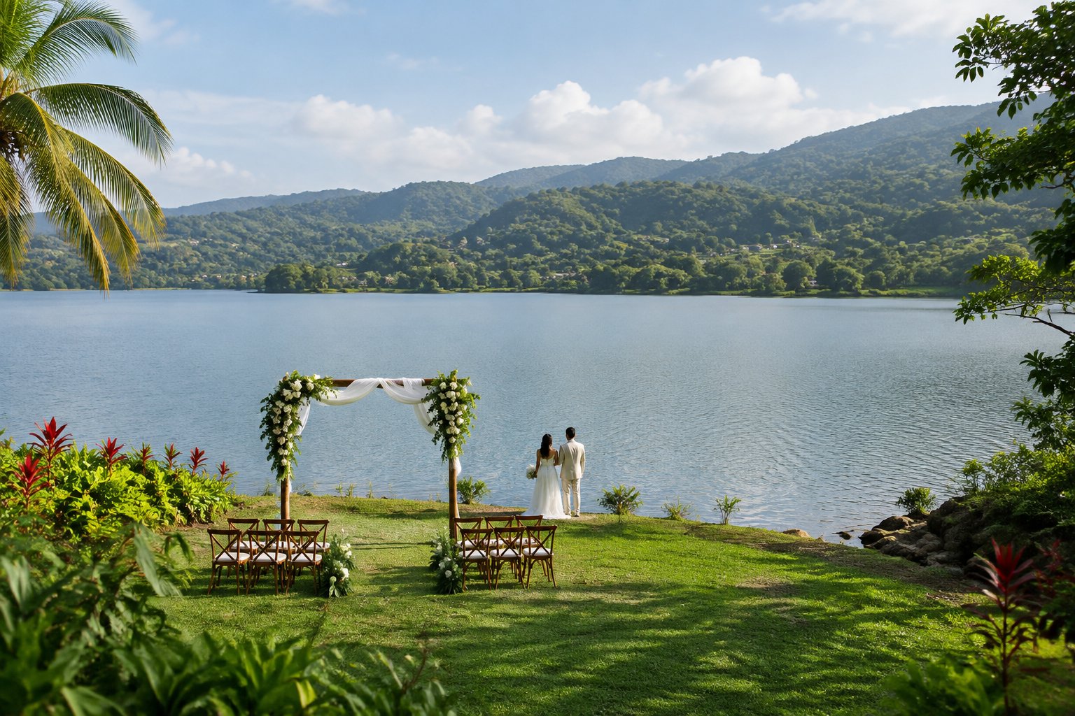 A wedding ceremony setup beside a calm lake surrounded by tropical greenery.