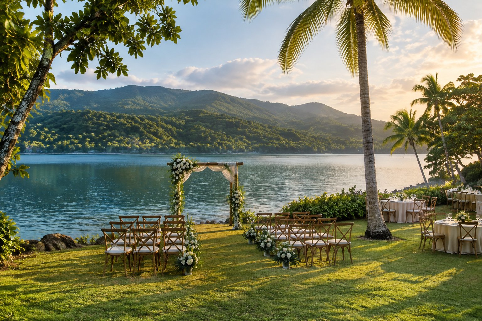 A tropical wedding ceremony setup beside a calm lake surrounded by lush greenery.