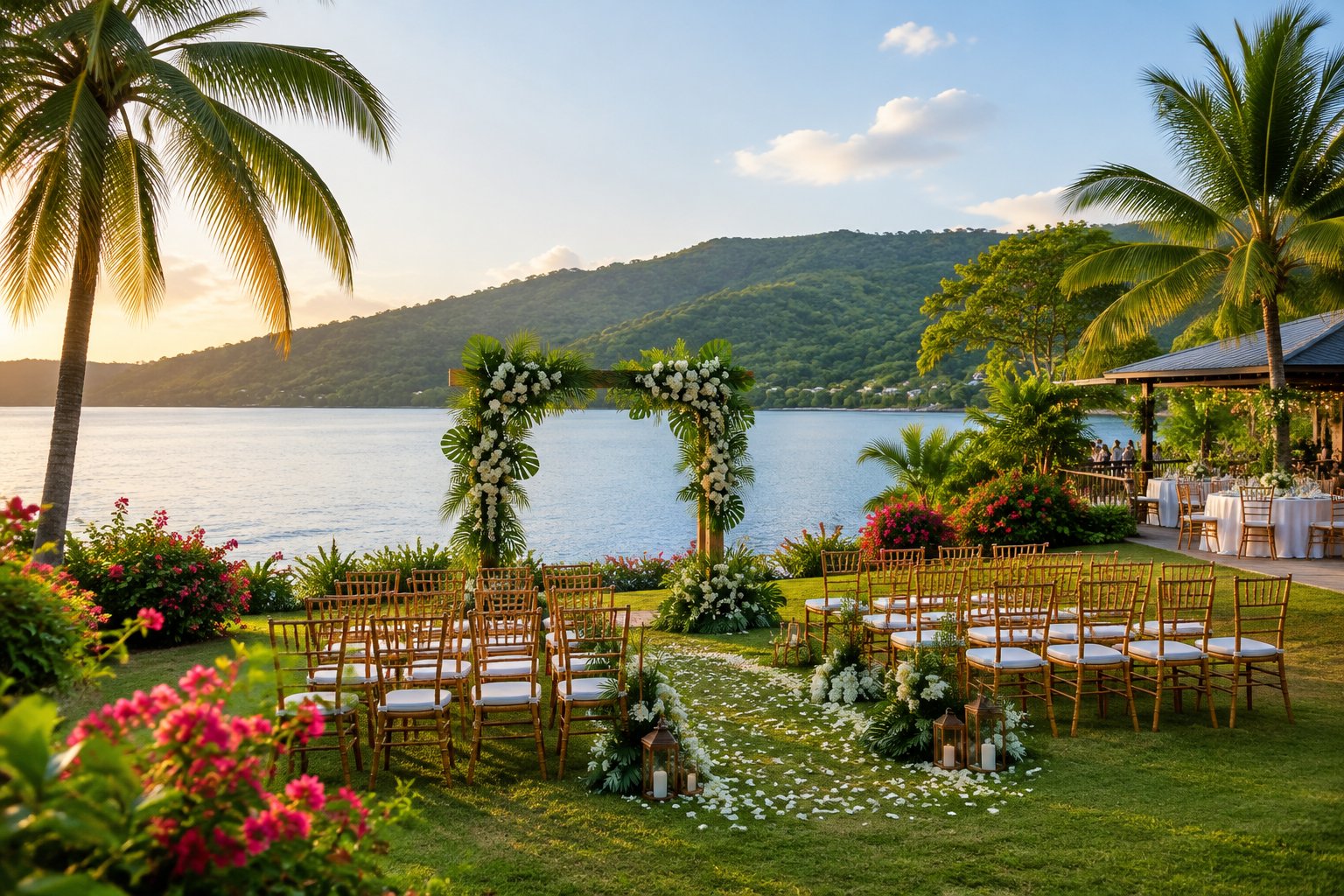 A wedding ceremony setup beside a calm lake surrounded by tropical greenery.