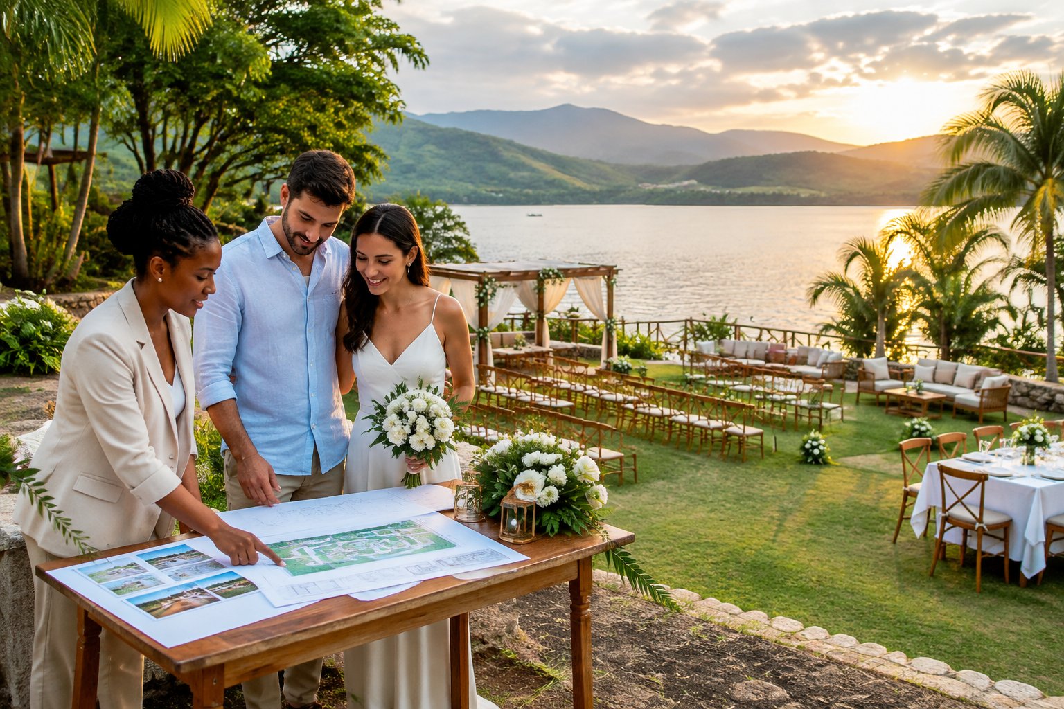 A couple and wedding planner view a lakeside wedding venue in Jamaica.