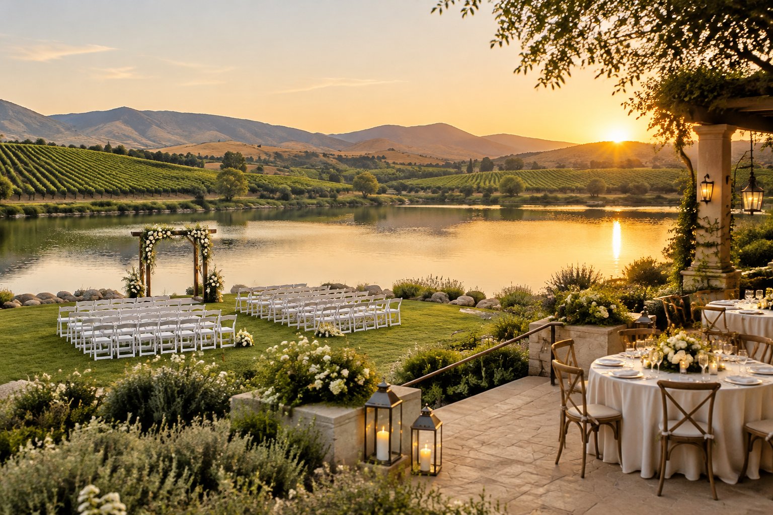 A wedding ceremony setup beside a lake with vineyards and rolling hills in the background.