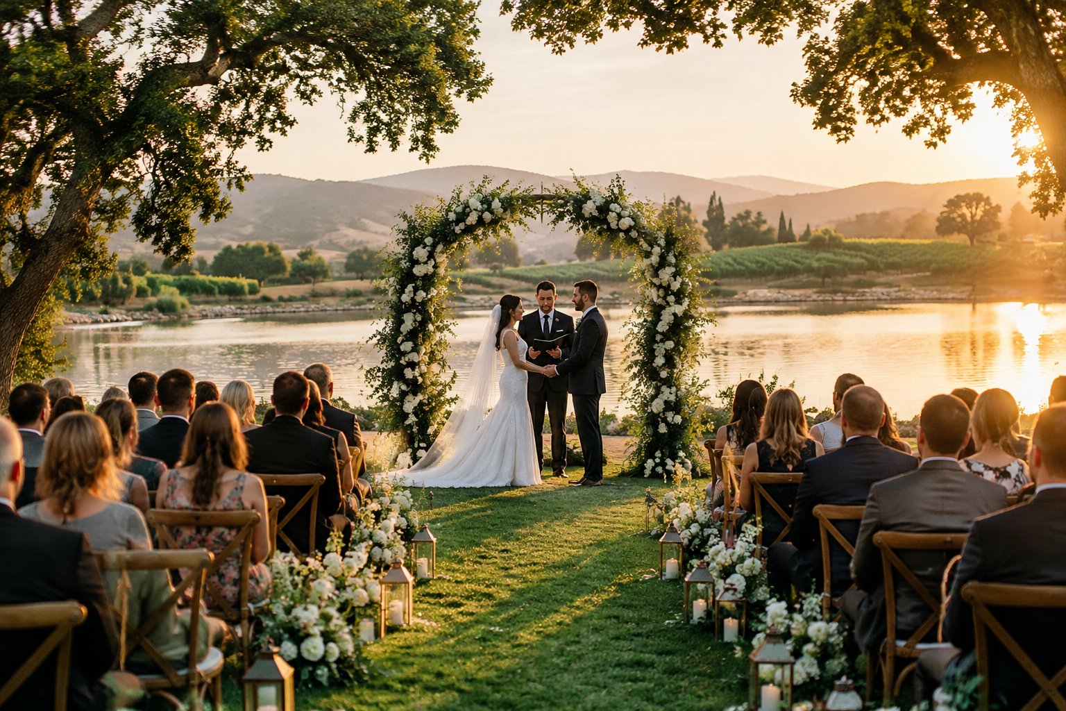 A couple exchanges vows beside a lake as guests watch beneath a floral arch.