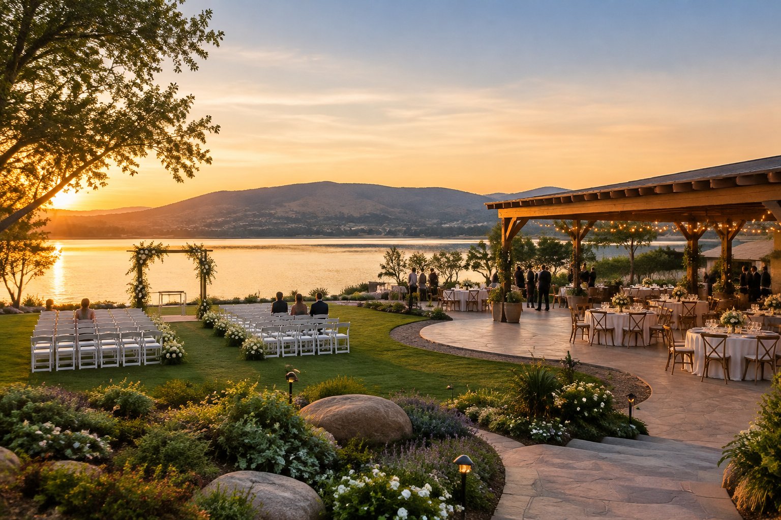 A lakeside wedding ceremony and reception setup with decorated chairs, tables, and a floral arch.