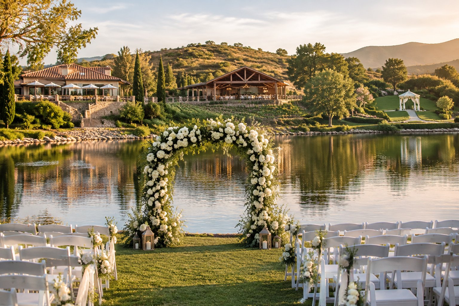 Wedding ceremony chairs and a floral arch beside a lake, with several venue settings across the water.