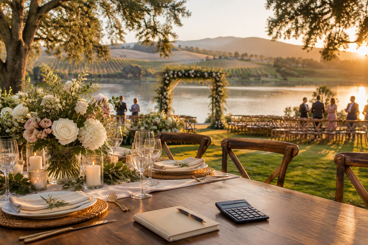 A wedding reception table beside a lake with a ceremony setup and vineyard hills in the background.