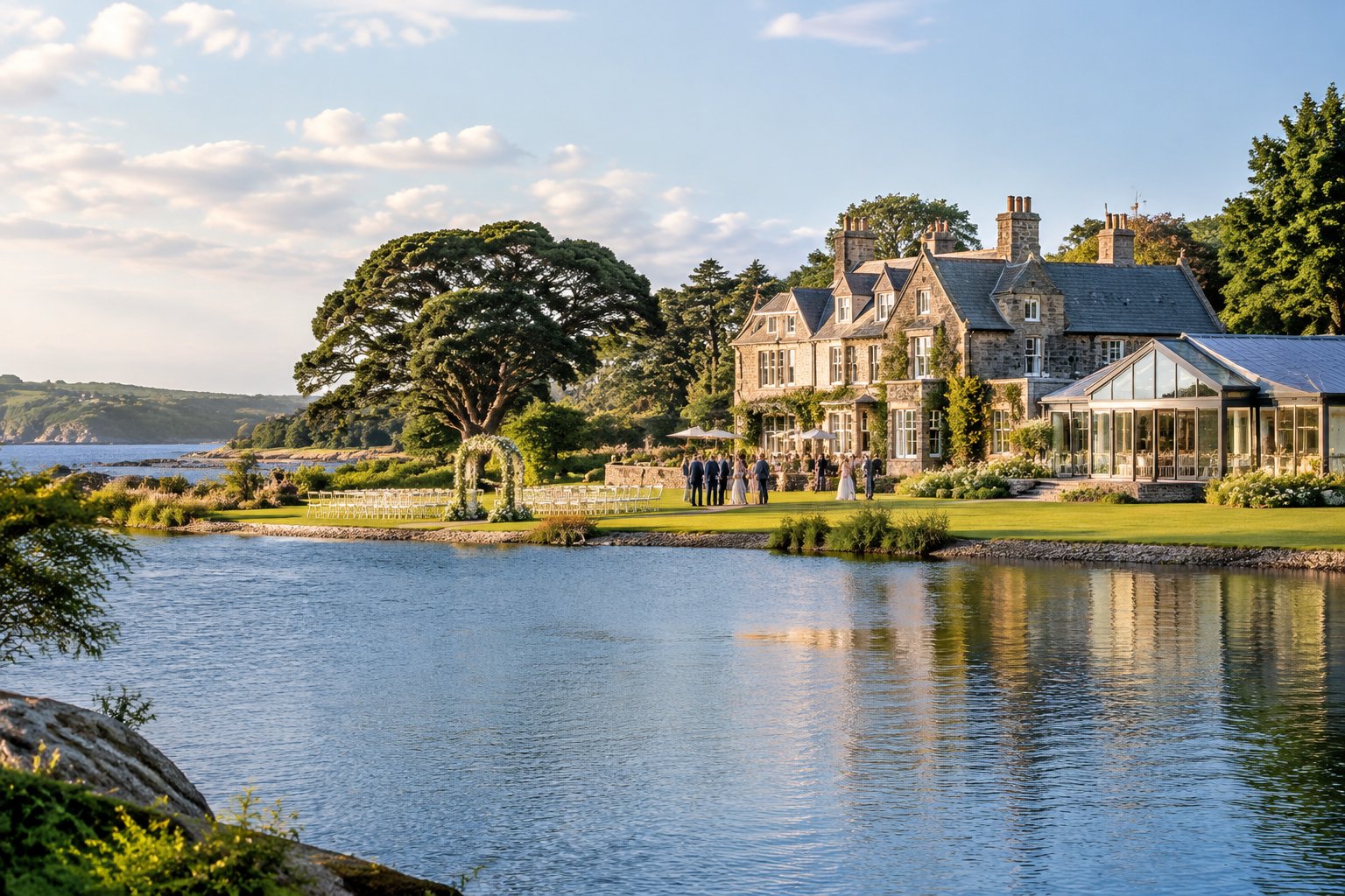 A wedding ceremony setup beside a lake, with a manor house and guests in the background.