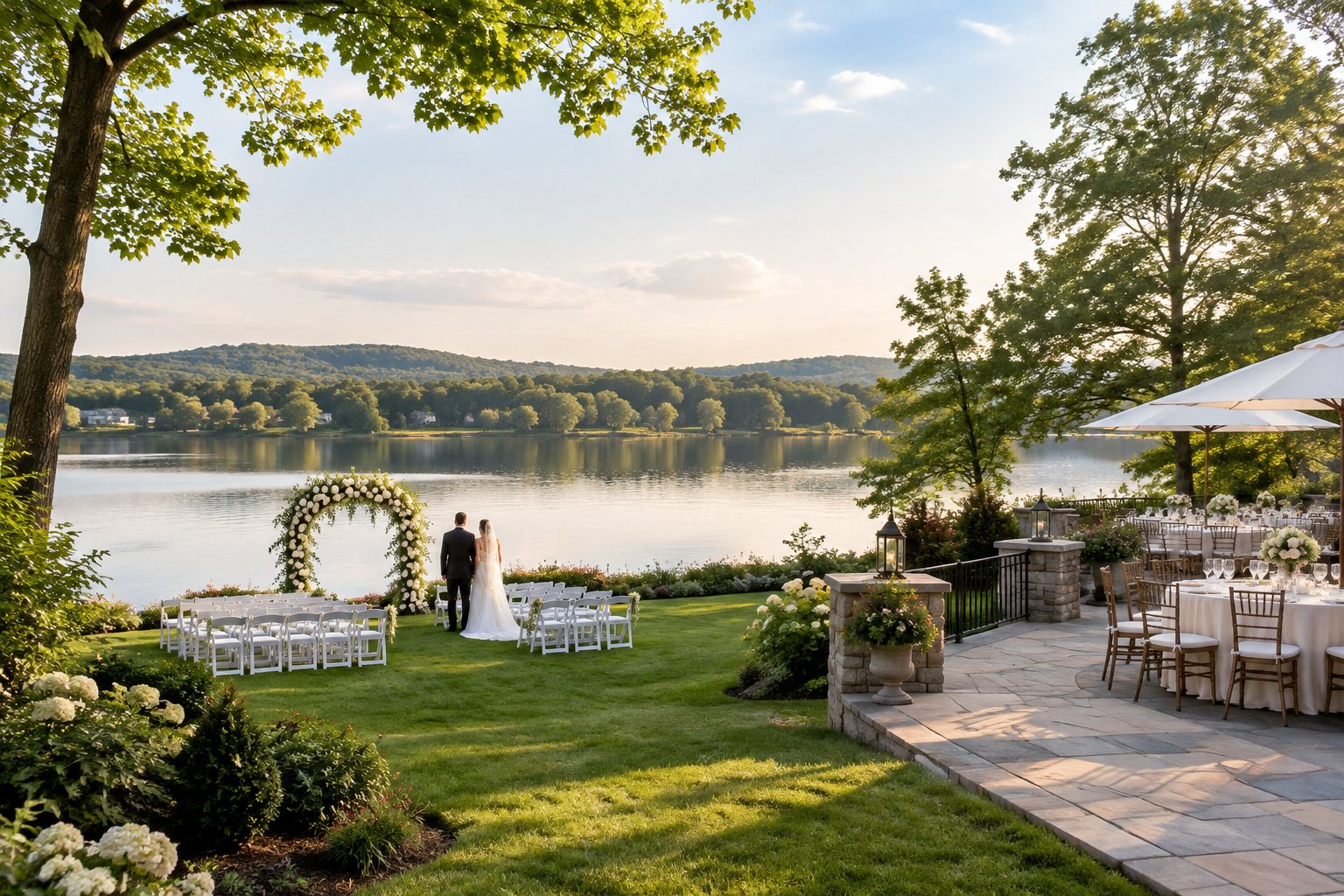 A wedding ceremony setup beside a calm lake, with chairs, flowers, and trees along the shore.