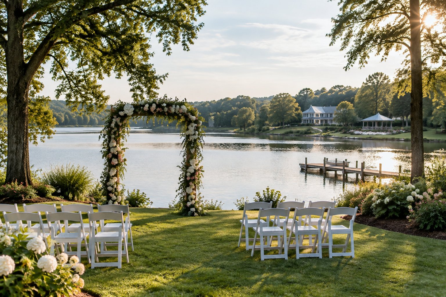 A wedding ceremony setup beside a lake, with chairs, flowers, and a wooden dock.