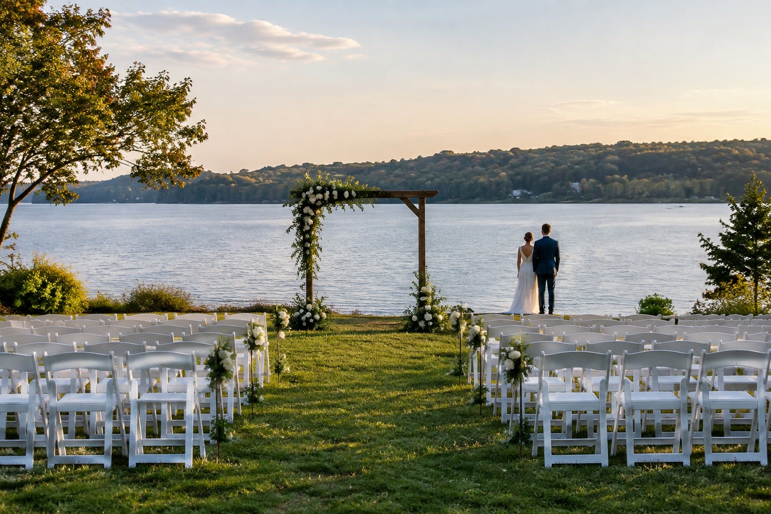 A couple stands beside a lakeside wedding ceremony setup.