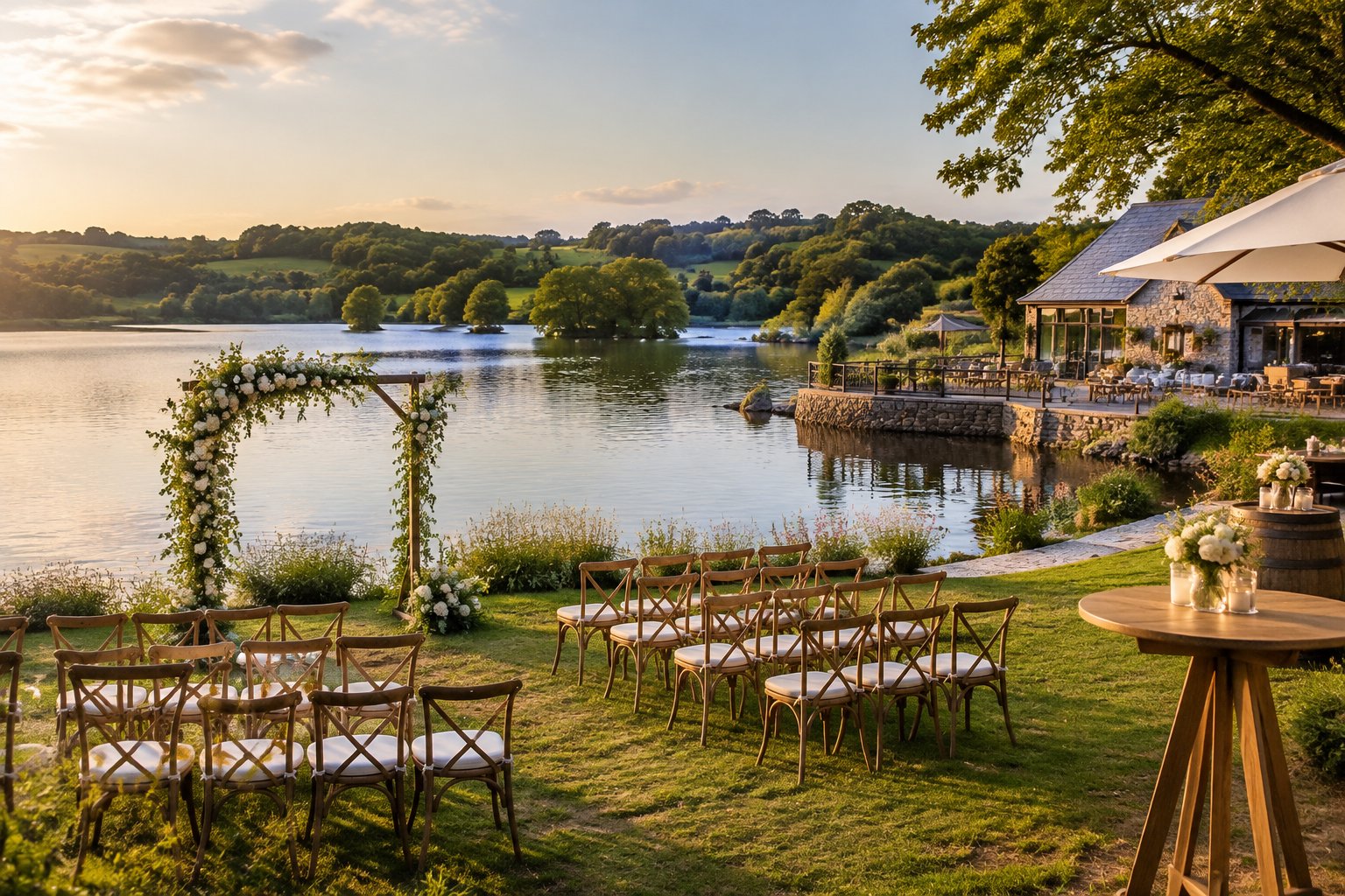 A wedding ceremony setup beside a lake with a venue in the background.