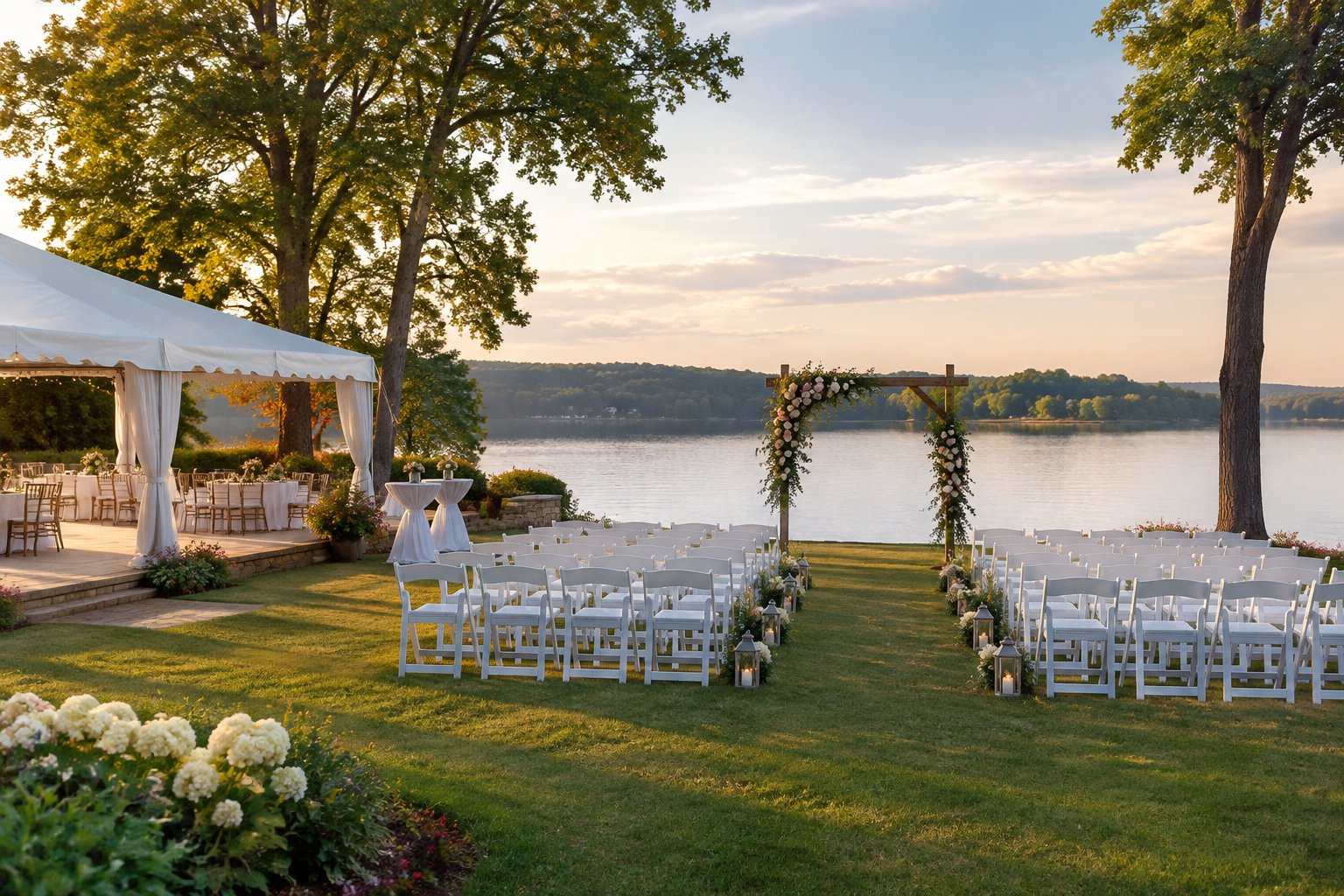 A wedding ceremony setup with rows of chairs beside a lake.