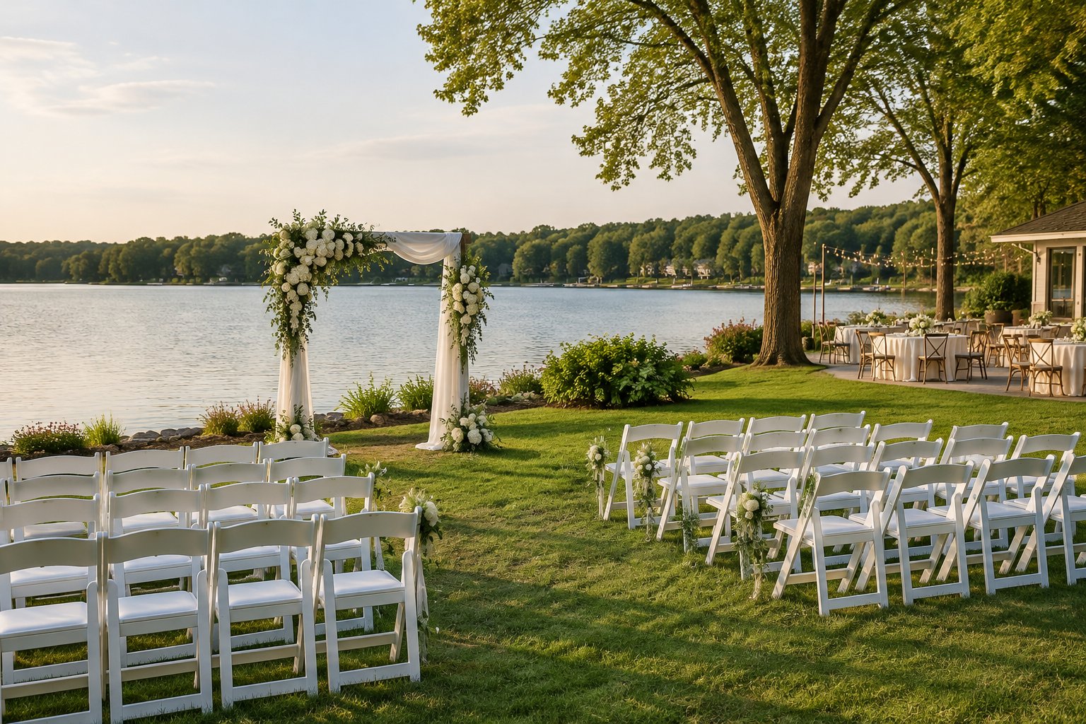 An outdoor wedding ceremony set on a grassy lawn beside a calm lake.