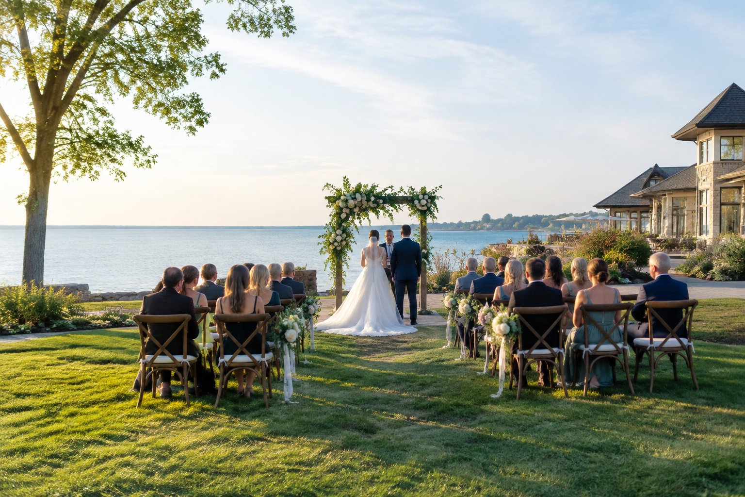 A wedding ceremony beside a lake with guests facing the couple.