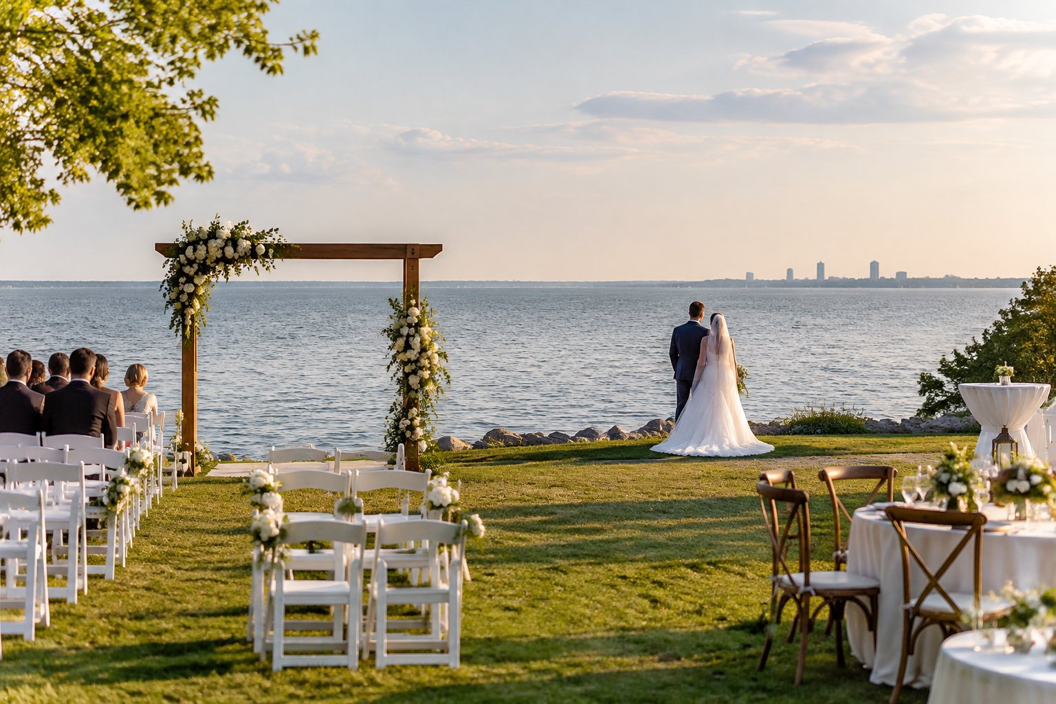 A wedding ceremony set beside a lake.