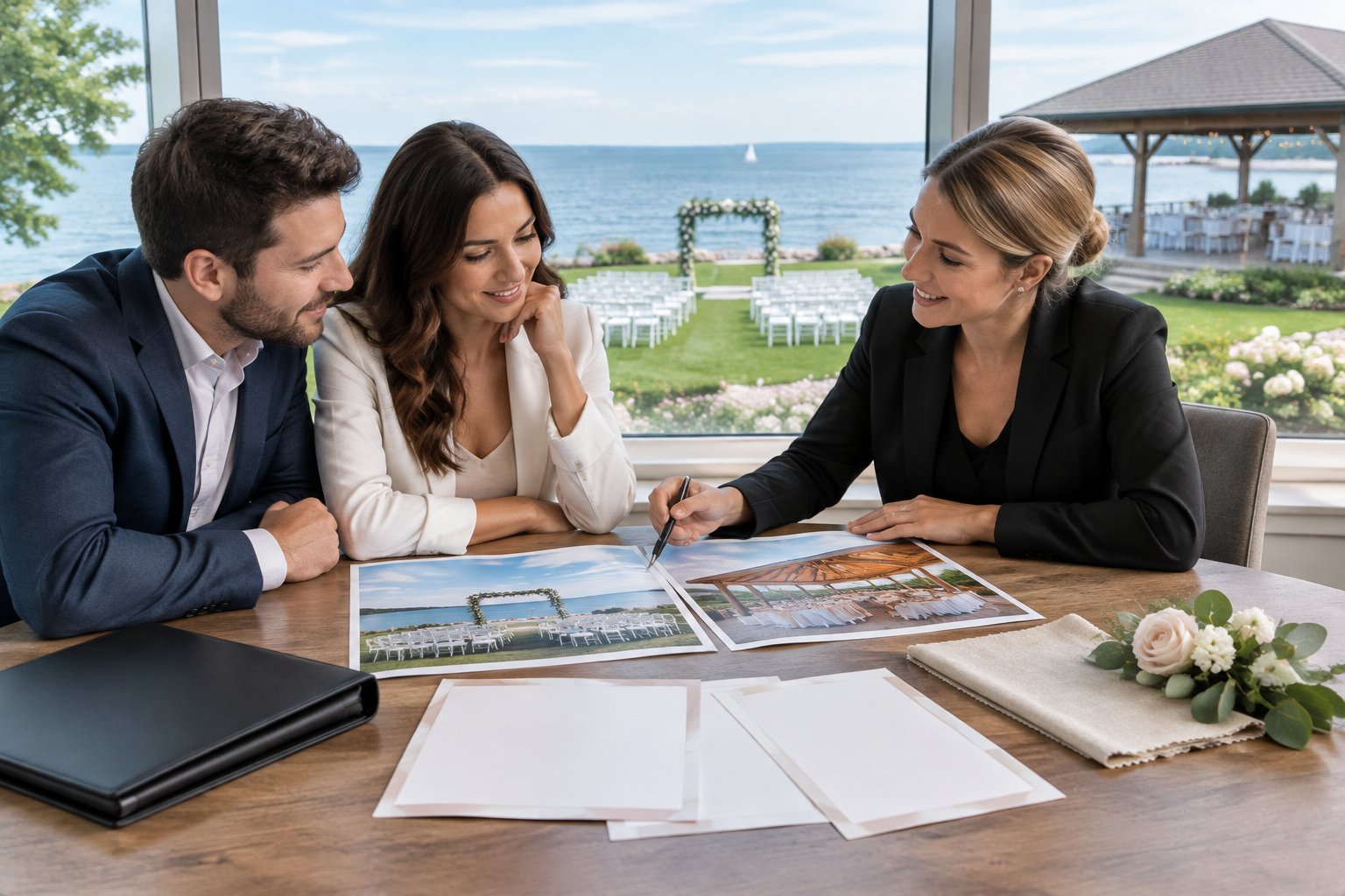 A couple and wedding planner compare venue materials beside a window overlooking a lakeside wedding venue.