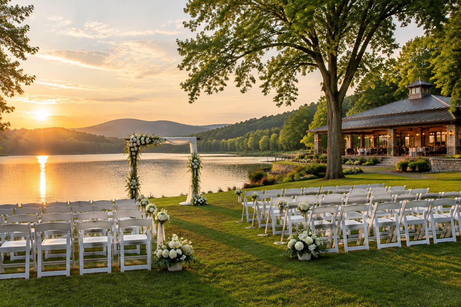 A decorated wedding ceremony setup on a grassy lakeshore.