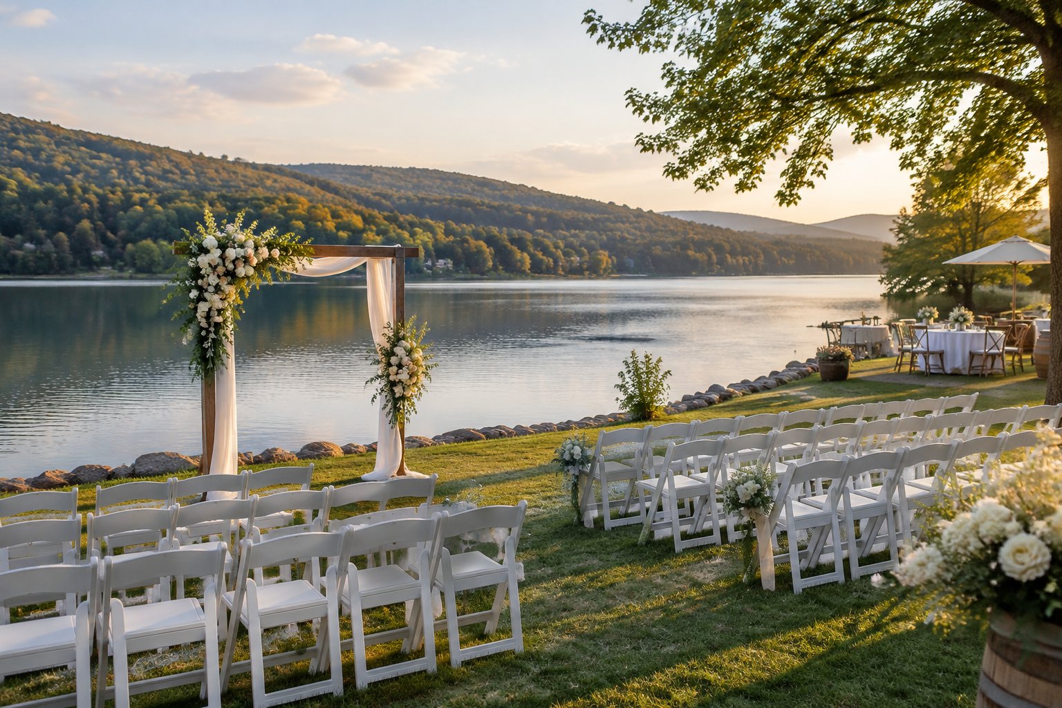 A wedding ceremony setup beside a calm lake with wooded hills in the background.