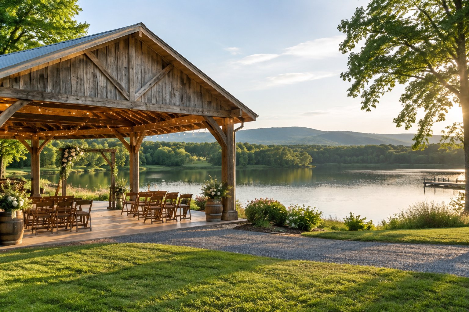 A wooden wedding pavilion beside a calm lake.