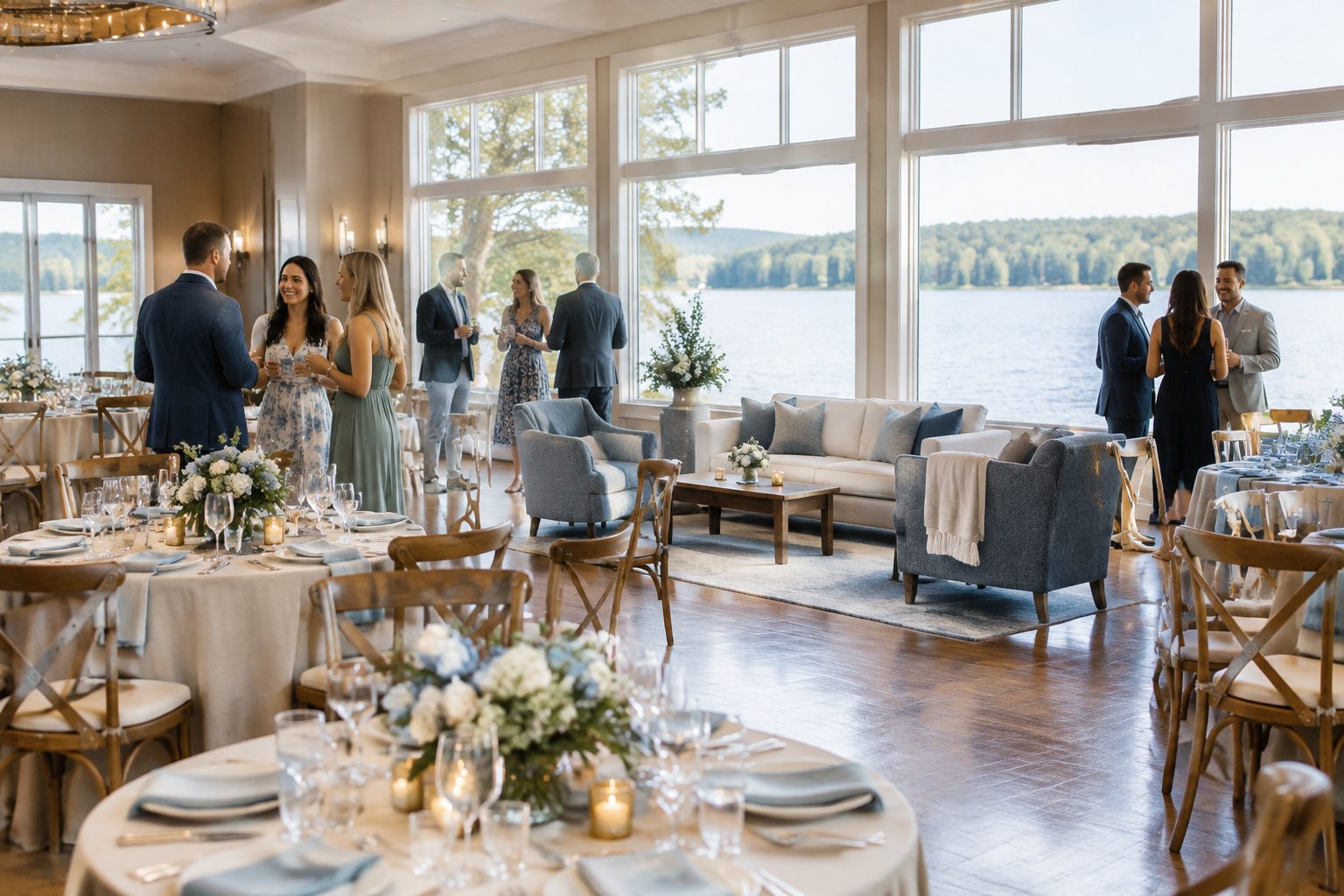 Guests mingle at a decorated indoor event overlooking a lake.