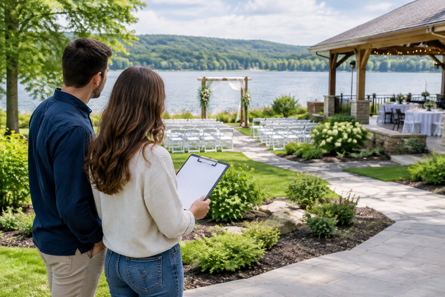An engaged couple compares a lakeside wedding venue beside a ceremony area.