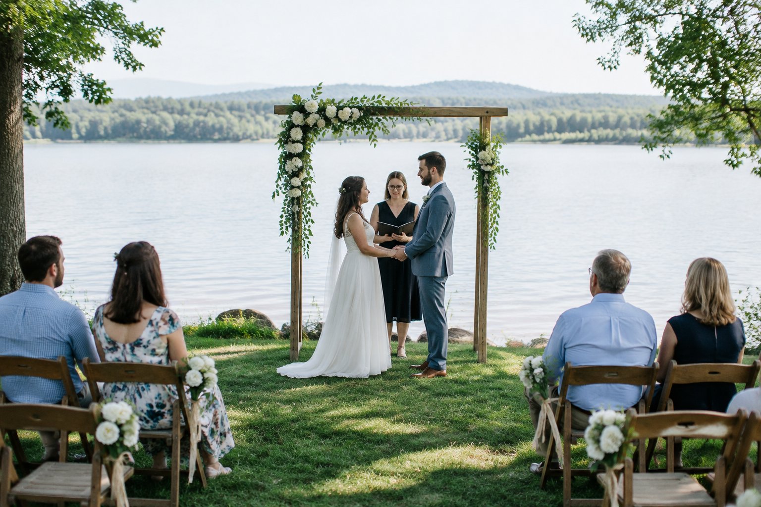A couple celebrates their wedding beneath a flower-decorated arbor beside a lake, with guests seated nearby.