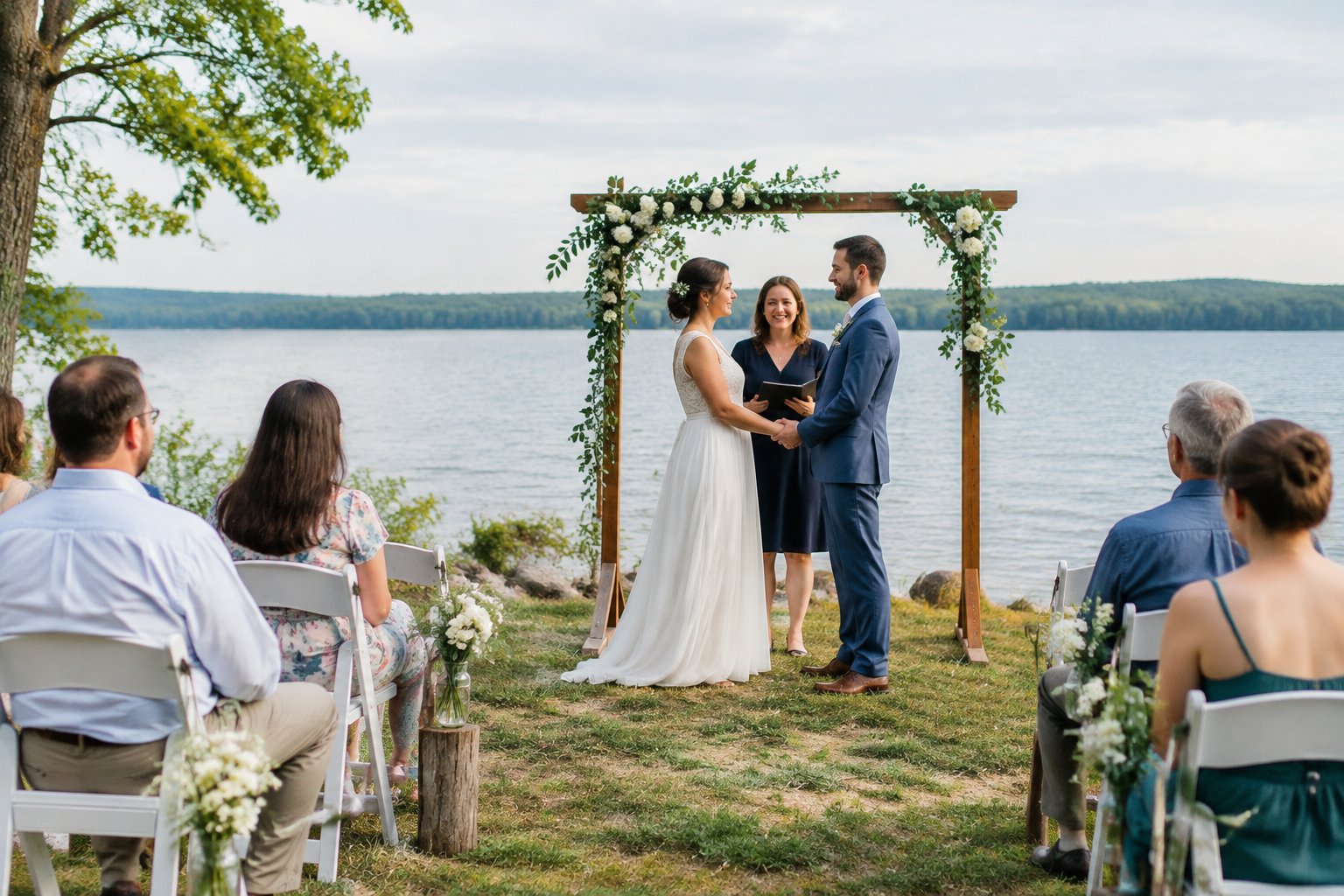 A couple stands beneath a flower-decorated arch beside a lake as a small group of guests watches.