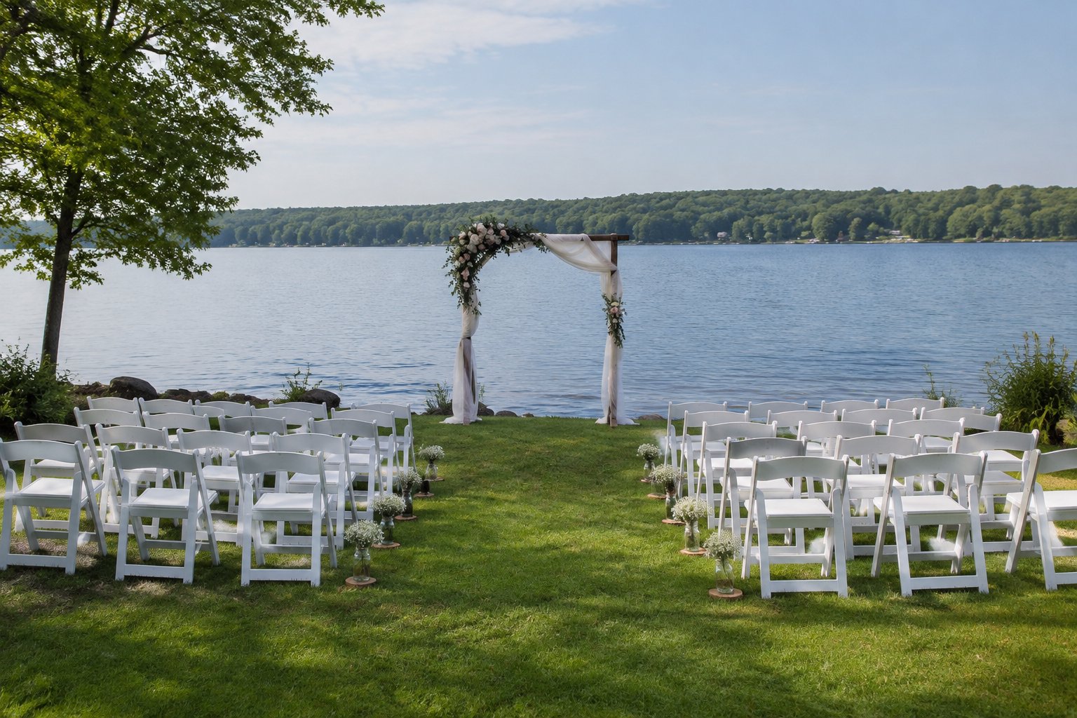 A simple wedding ceremony setup on a grassy lakeshore.