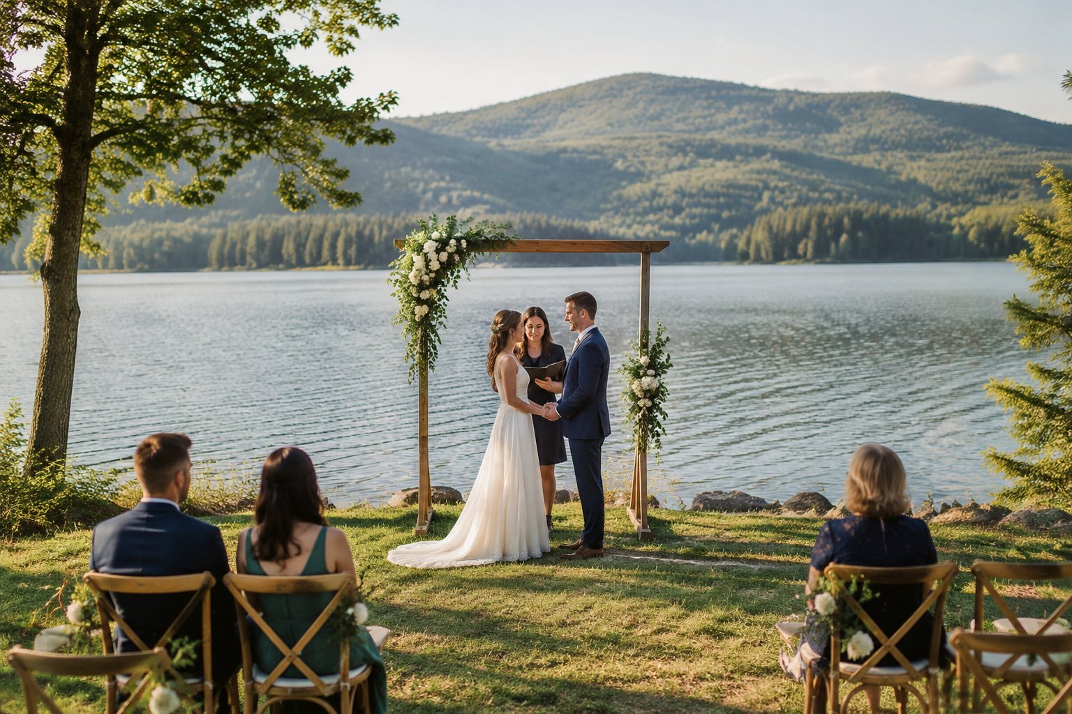 A couple stands beneath a flower-decorated arch at a small lakeside wedding ceremony.