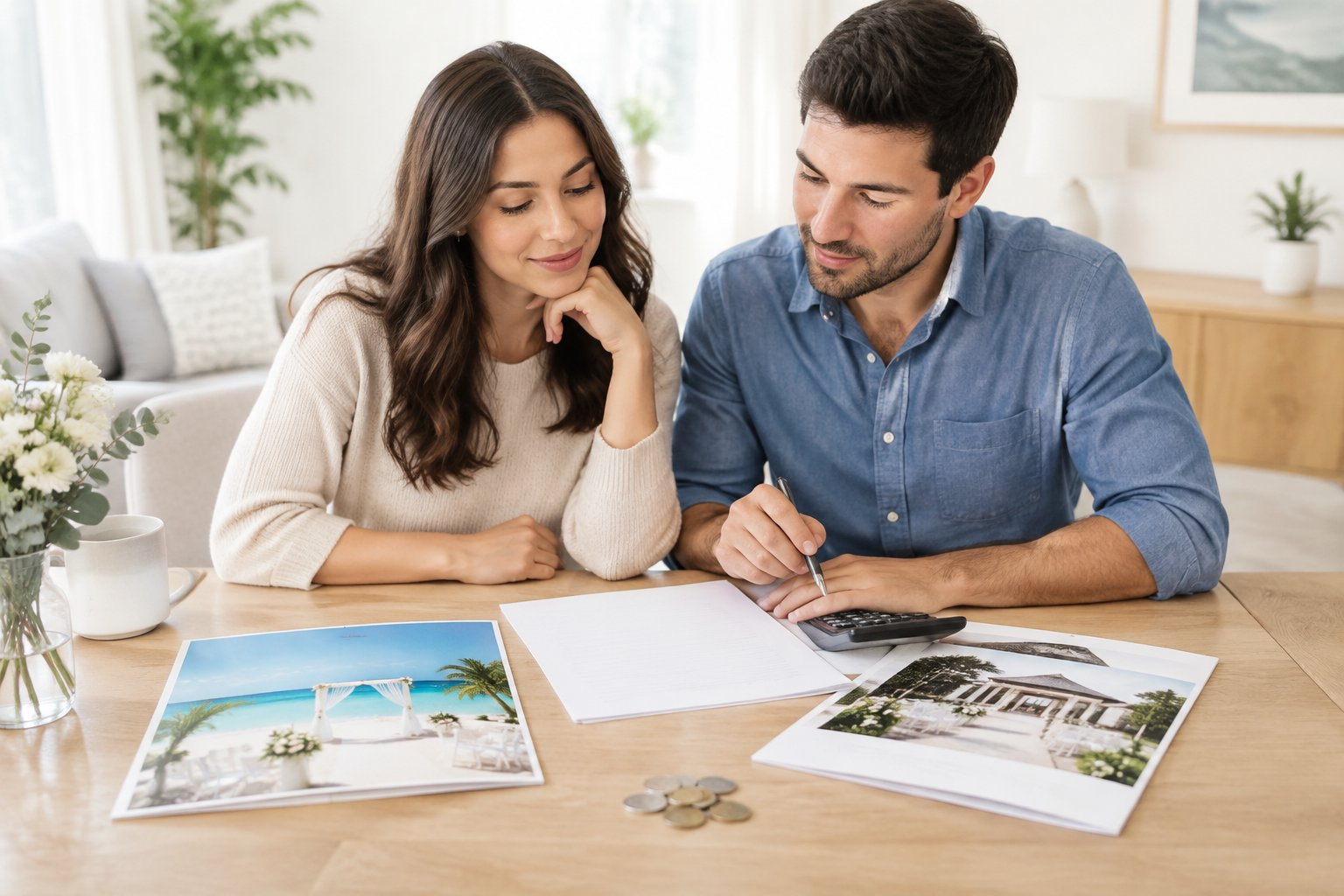 An engaged couple reviews wedding plans and expenses at a table.