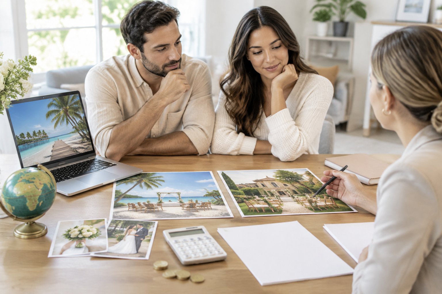A couple compares destination and local wedding plans at a table.