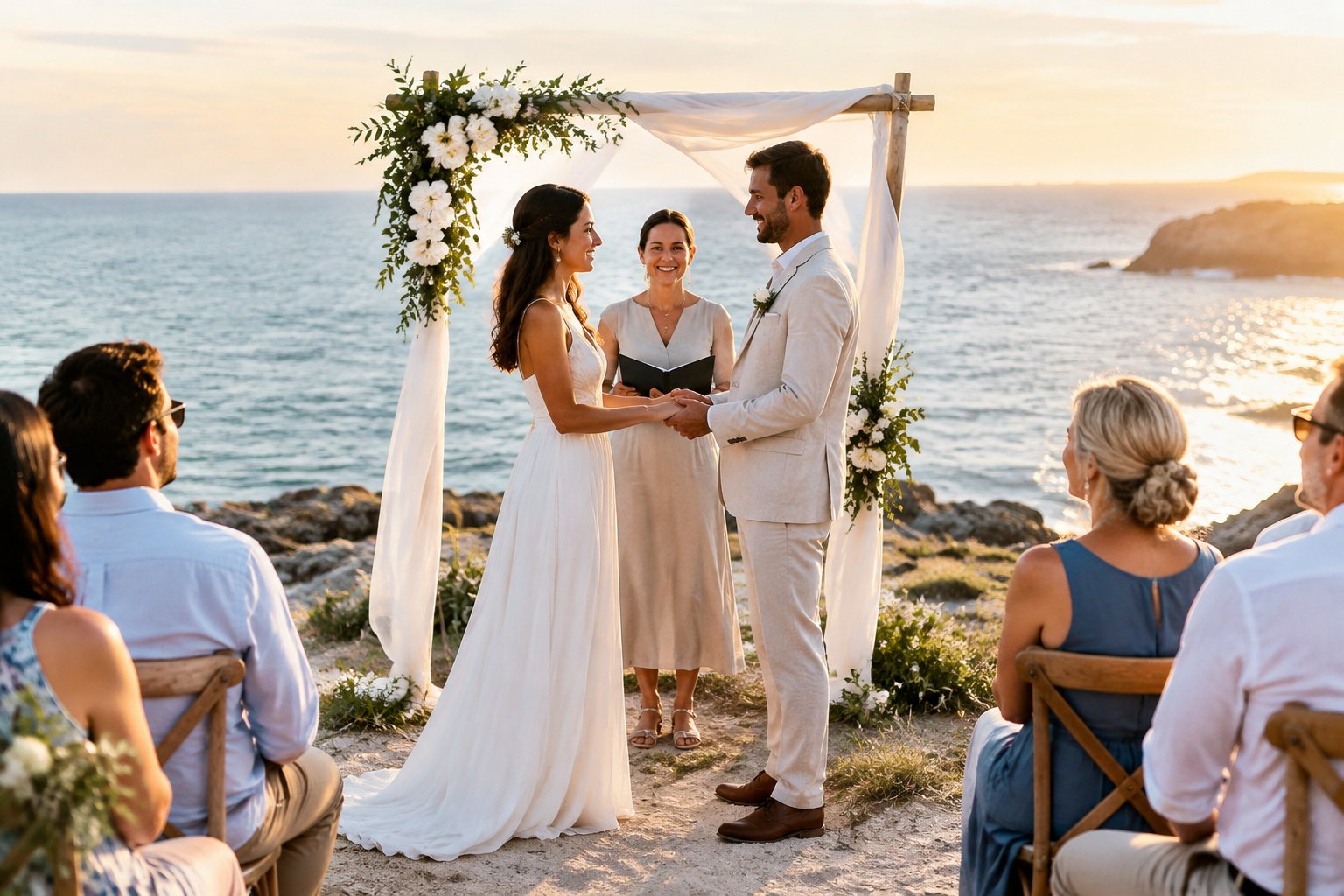 A couple exchanges vows at a small seaside wedding surrounded by a few guests.