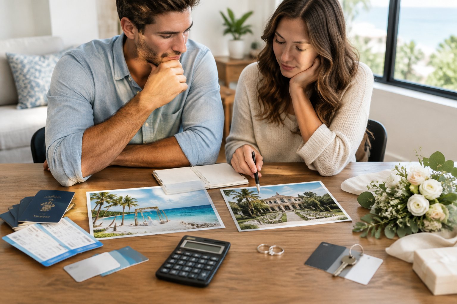A couple compares wedding plans beside travel items, a calculator, and wedding details.