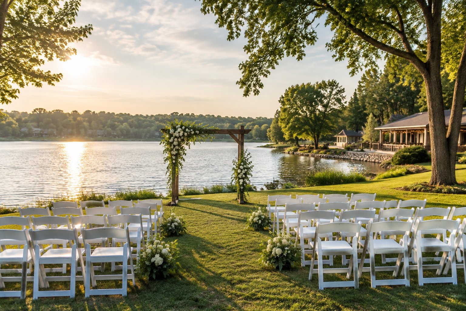 Wedding chairs and a floral arch beside a calm lake.