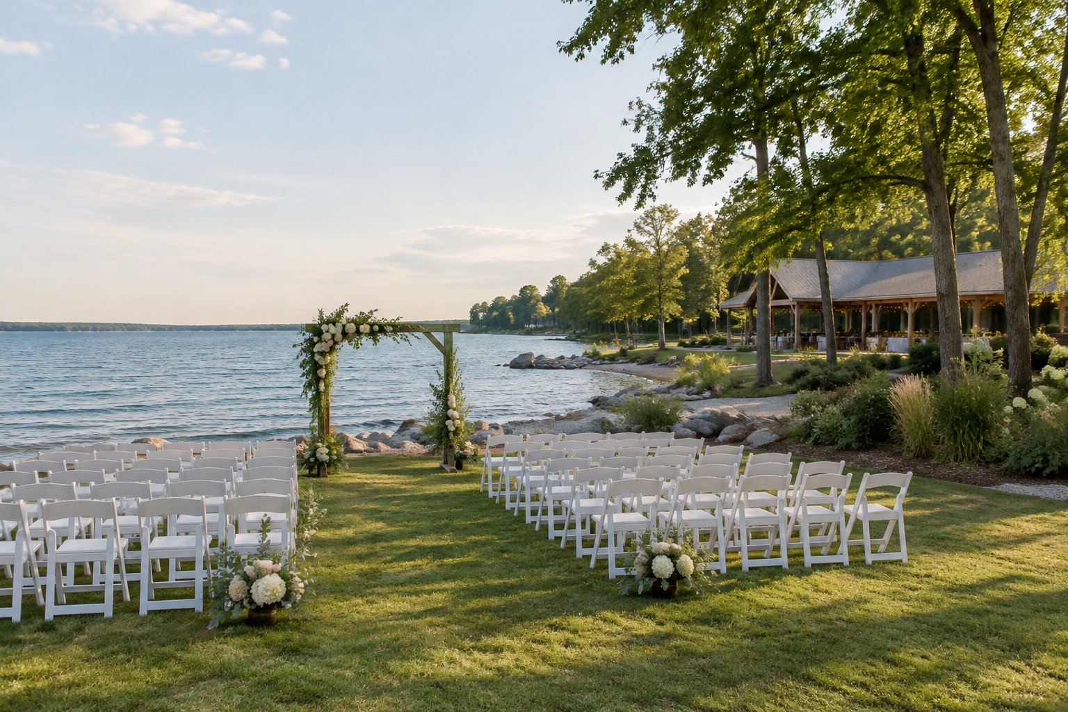 A lakeside wedding ceremony setup with white chairs, a floral arch, and calm blue water.