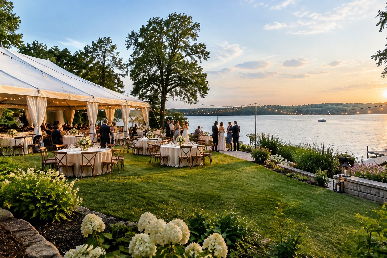 A wedding reception tent and dining tables beside a calm lake.