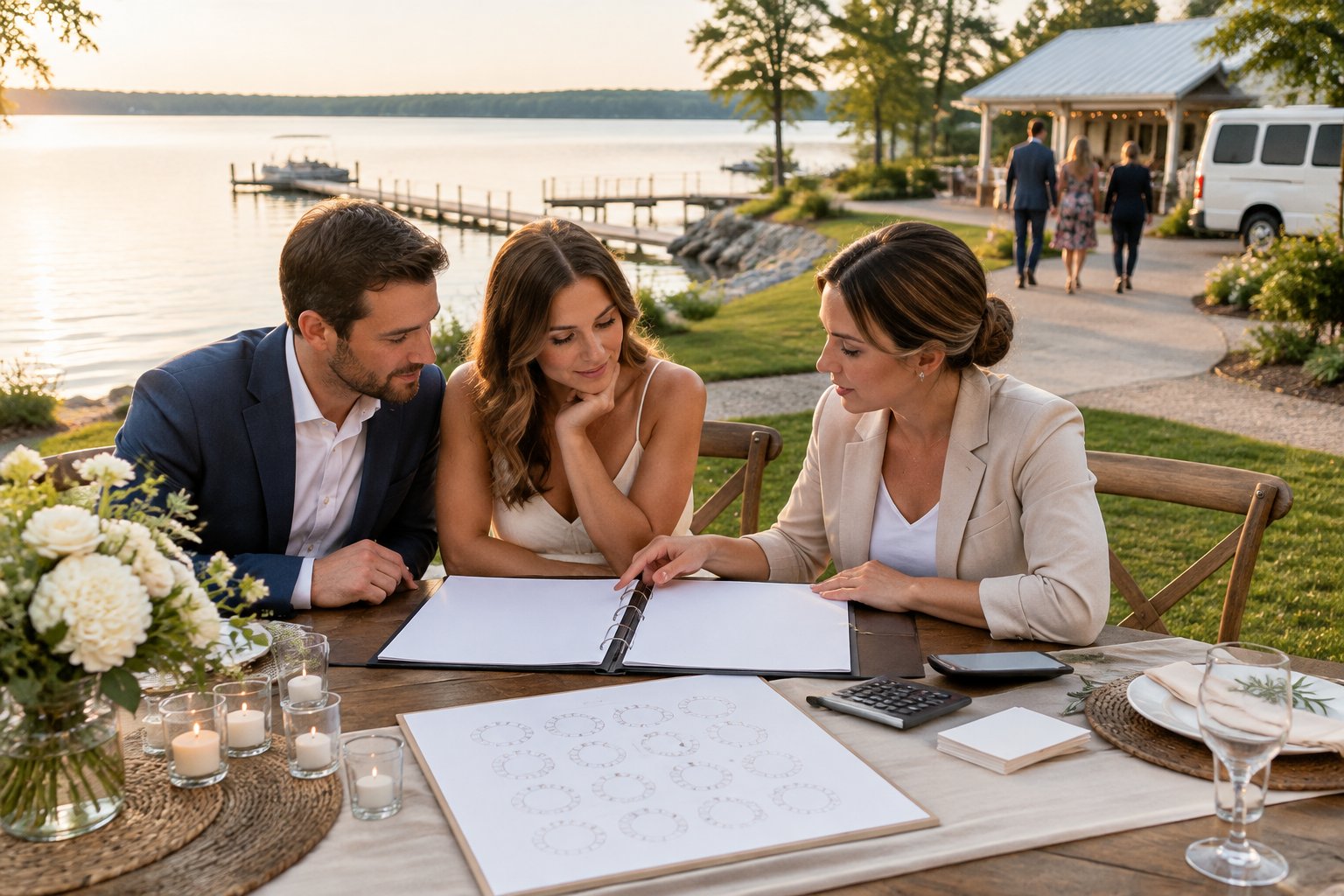 A couple and wedding planner review plans at a table beside a lake as guests arrive at a nearby venue.